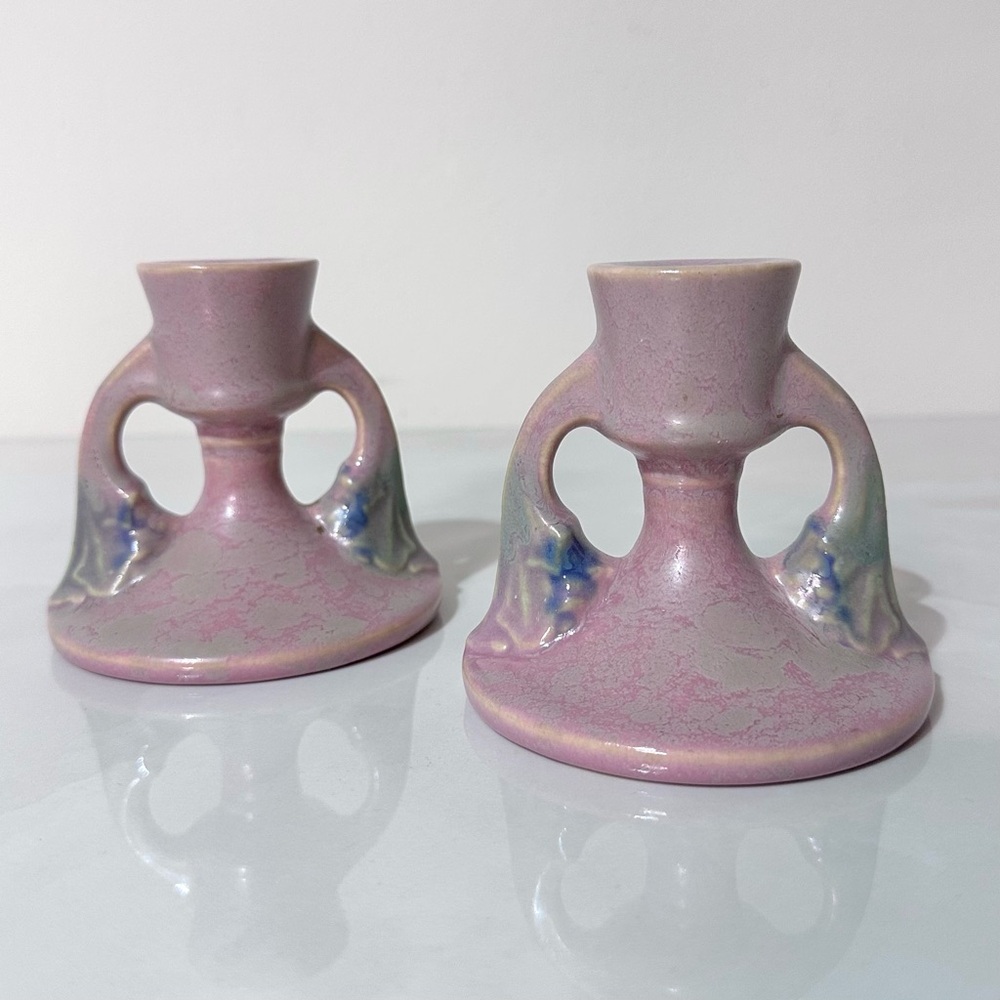 Vintage Roseville Pottery Tuscany Pink Candle Holders Pair Art Pottery 3.75”
